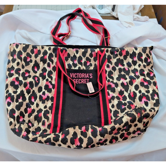 Victoria's Secret NEW Leopard Print Large Canvas Weekender Tote Bag msrp $68 - Picture 1 of 7